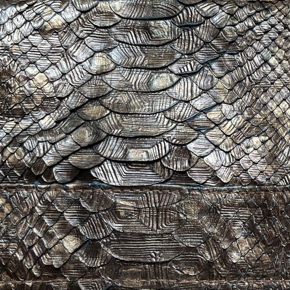 R&Y Augousti Metallic Bronze Snakeskin Clutch w Shagreen/Brass Details - Picture 8 of 8
